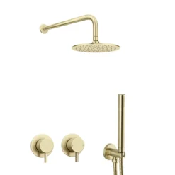 Arezzo Brushed Brass Concealed Individual Diverter + Thermostatic Control Valve With Handset + Wall Mounted Shower Head -Bathroom Furniture Store arzbisvpk4nd1