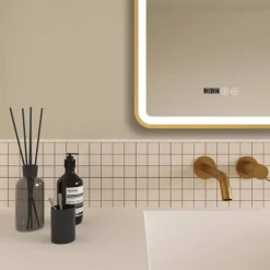 Arezzo Brushed Brass 500 X 700mm Rectangular LED Illuminated Anti-Fog Bathroom Mirror With Time Display -Bathroom Furniture Store arzim01bb d1