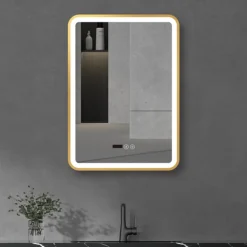 Arezzo Brushed Brass 500 X 700mm Rectangular LED Illuminated Anti-Fog Bathroom Mirror With Time Display -Bathroom Furniture Store arzim01bb d3