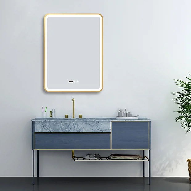 Arezzo Brushed Brass 600 X 800mm Rectangular LED Illuminated Anti-Fog Bathroom Mirror With Time Display 6 Arezzo Brushed Brass 600 X 800mm Rectangular LED Illuminated Anti-Fog Bathroom Mirror With Time Display - Image 6