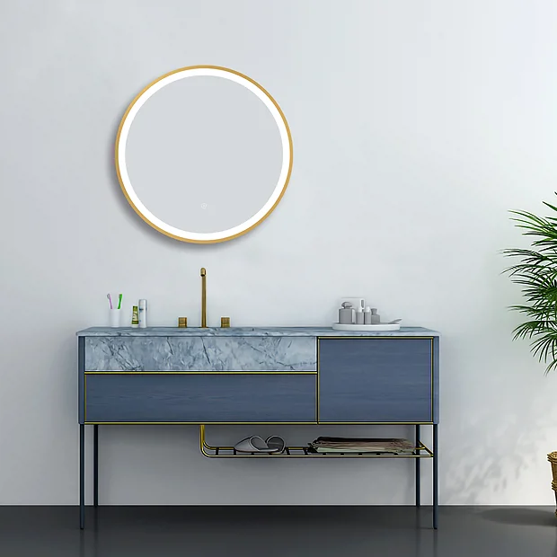 Arezzo Brushed Brass 600mm Round LED Illuminated Anti-Fog Bathroom Mirror 1 Arezzo Brushed Brass 600mm Round LED Illuminated Anti-Fog Bathroom Mirror