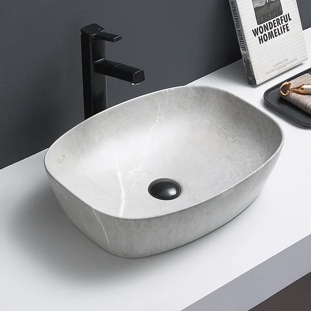 Arezzo 505 X 385mm Curved Rectangular Counter Top Basin - Light Grey Marble Effect 3 Arezzo 505 X 385mm Curved Rectangular Counter Top Basin - Light Grey Marble Effect - Image 3
