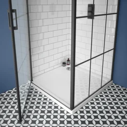 Arezzo 700 X 700 Matt Black Grid Frameless Pivot Door Shower Enclosure + Tray -Bathroom Furniture Store az7pdet nd1