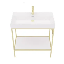 Arezzo 800 Brushed Brass Framed Washstand With Gloss White Open Shelf And Basin