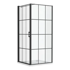 Arezzo 800 X 800 Matt Black Grid Frameless Pivot Door Shower Enclosure + Tray