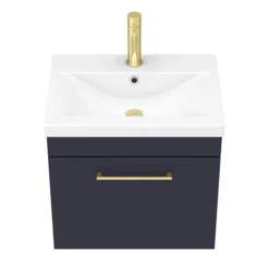Arezzo 500 Matt Blue Wall Hung 1-Drawer Vanity Unit With Brushed Brass Handle -Bathroom Furniture Store azb5whvbb n d3