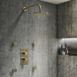 Arezzo Brushed Brass Round Modern Twin Concealed Shower Valve With Diverter