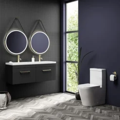 Arezzo Matt Black Wall Hung Double Basin Vanity Unit (1205mm W. Brushed Brass Handles)