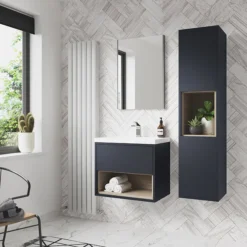Arezzo Senza 600mm Matt Blue / Vicenza Oak Wall Hung Vanity Unit With Open Shelf + Ceramic Basin