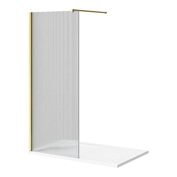 Arezzo 1400 X 900 Fluted Glass Brushed Brass Profile Wet Room (800 Screen, Square Support Arm + Tray) 1 Arezzo 1400 X 900 Fluted Glass Brushed Brass Profile Wet Room (800 Screen, Square Support Arm + Tray)