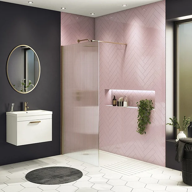 Arezzo 1400 X 900 Fluted Glass Brushed Brass Profile Wet Room (800 Screen, Square Support Arm + Tray) 2 Arezzo 1400 X 900 Fluted Glass Brushed Brass Profile Wet Room (800 Screen, Square Support Arm + Tray) - Image 2