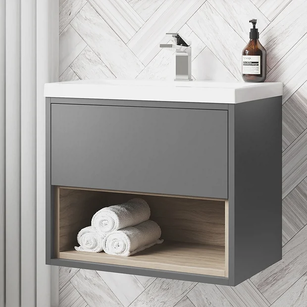 Arezzo Senza 600mm Matt Grey / Vicenza Oak Wall Hung Vanity Unit With Open Shelf + Ceramic Basin 2 Arezzo Senza 600mm Matt Grey / Vicenza Oak Wall Hung Vanity Unit With Open Shelf + Ceramic Basin - Image 2