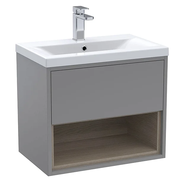 Arezzo Senza 600mm Matt Grey / Vicenza Oak Wall Hung Vanity Unit With Open Shelf + Ceramic Basin 4 Arezzo Senza 600mm Matt Grey / Vicenza Oak Wall Hung Vanity Unit With Open Shelf + Ceramic Basin - Image 4