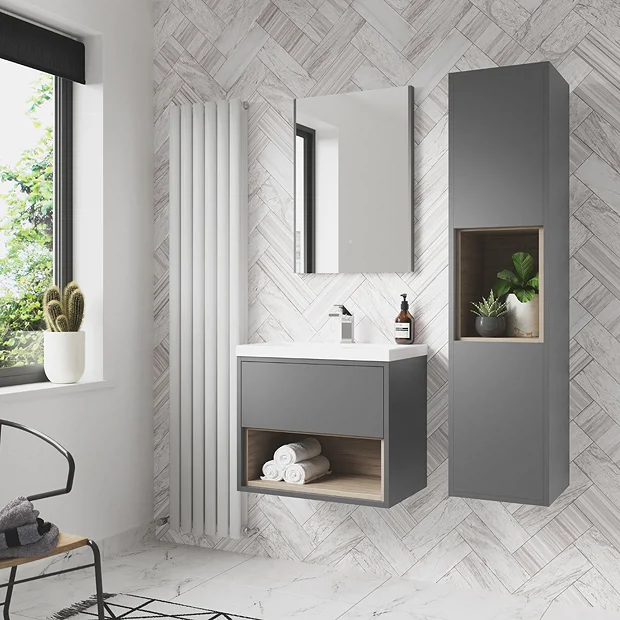Arezzo Senza 600mm Matt Grey / Vicenza Oak Wall Hung Vanity Unit With Open Shelf + Ceramic Basin 1 Arezzo Senza 600mm Matt Grey / Vicenza Oak Wall Hung Vanity Unit With Open Shelf + Ceramic Basin