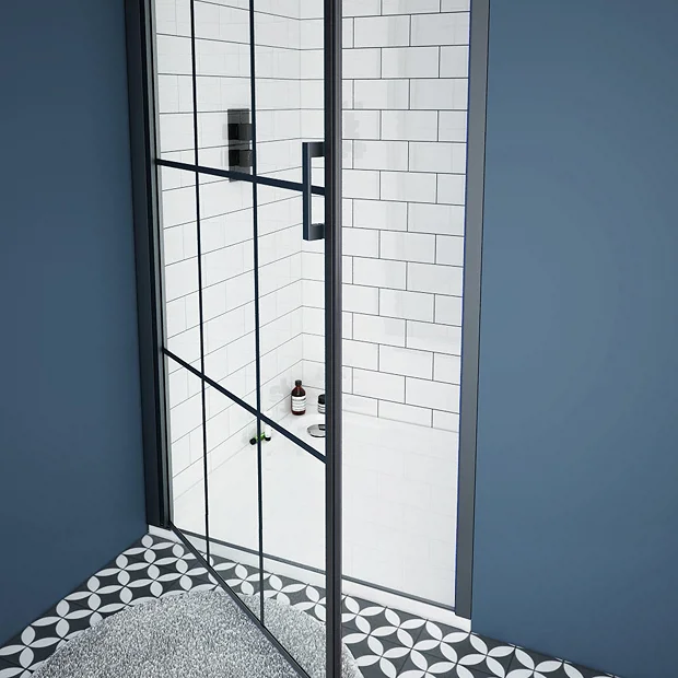 Arezzo 800mm Matt Black Grid Frameless Pivot Shower Door + Tray For Recess 3 Arezzo 800mm Matt Black Grid Frameless Pivot Shower Door + Tray For Recess - Image 3