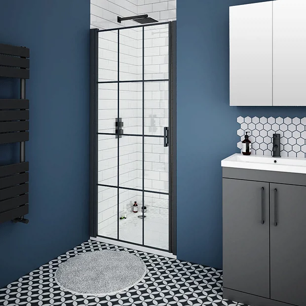 Arezzo 800mm Matt Black Grid Frameless Pivot Shower Door + Tray For Recess 2 Arezzo 800mm Matt Black Grid Frameless Pivot Shower Door + Tray For Recess - Image 2