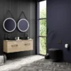 Arezzo Rustic Oak Wall Hung Double Countertop Vanity Incl. 2 Matt Black Basins (1200mm W. Black Handles)