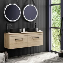 Arezzo Rustic Oak Wall Hung Double Countertop Vanity Incl. 2 Matt Black Basins (1200mm W. Black Handles) -Bathroom Furniture Store azowhmb12rbb l