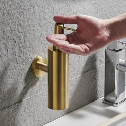 Arezzo Brushed Brass Round Wall Mounted Soap Dispenser -Bathroom Furniture Store azrd1bbw d4