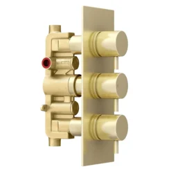 Arezzo Brushed Brass Round Concealed Triple Shower Valve With Fixed Head + 4 Body Jets