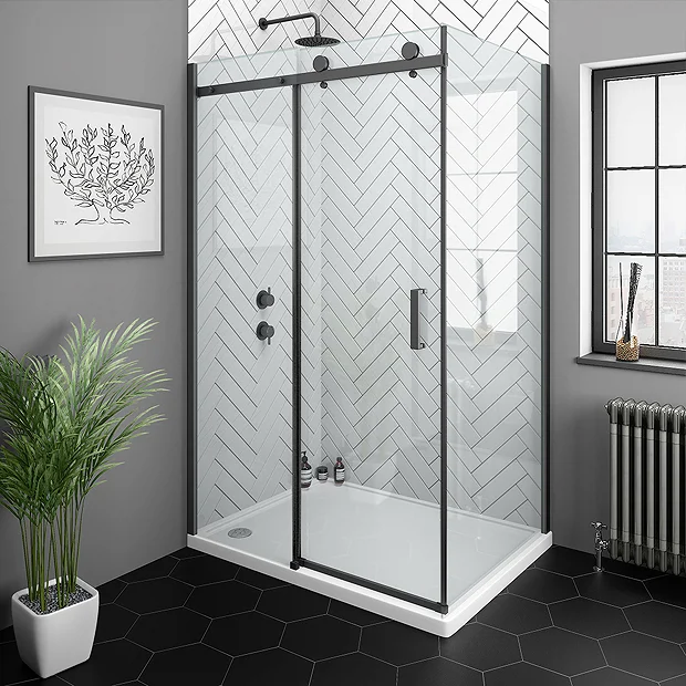 Arezzo Matt Black 1200 X 700 Frameless Sliding Door Shower Enclosure 2 Arezzo Matt Black 1200 X 700 Frameless Sliding Door Shower Enclosure - Image 2