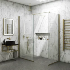 Arezzo Square Brushed Brass Frameless 10mm Wetroom Screen With Wall Mounted Arm -Bathroom Furniture Store gt2x24whi dt4