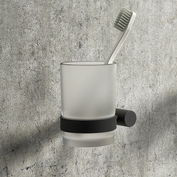 Arezzo Industrial Style Matt Black Round Frosted Glass Tumbler & Holder 1 Arezzo Industrial Style Matt Black Round Frosted Glass Tumbler & Holder