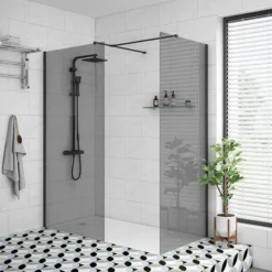 Arezzo 1900mm Grey Tinted Glass Wetroom Screen Inc. Matt Black Profile + Support Arm 5 Arezzo 1900mm Grey Tinted Glass Wetroom Screen Inc. Matt Black Profile + Support Arm -Bathroom Furniture Store mbtg nd1