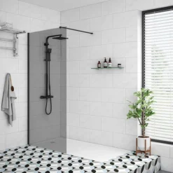 Arezzo 1900mm Grey Tinted Glass Wetroom Screen Inc. Matt Black Profile + Support Arm